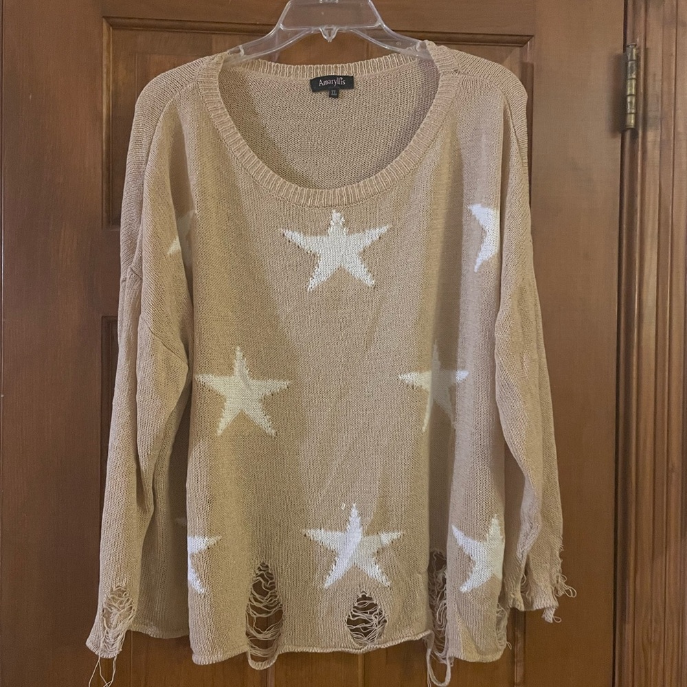 Amaryllis Tan Star Stretchy Sweater with Distressed Hem and Sleeves, Size XL